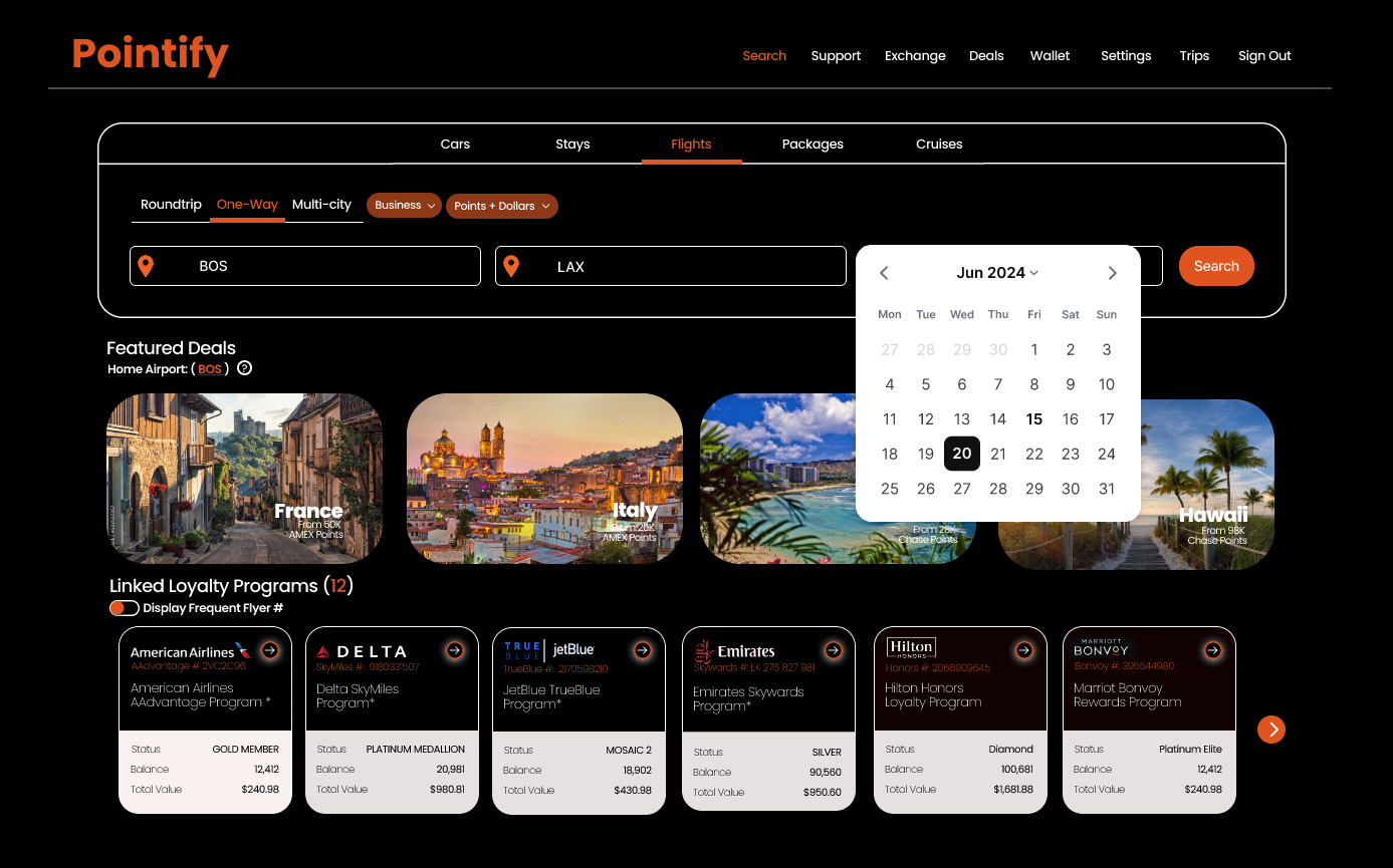 Pointify Flight Search - Points Dashboard